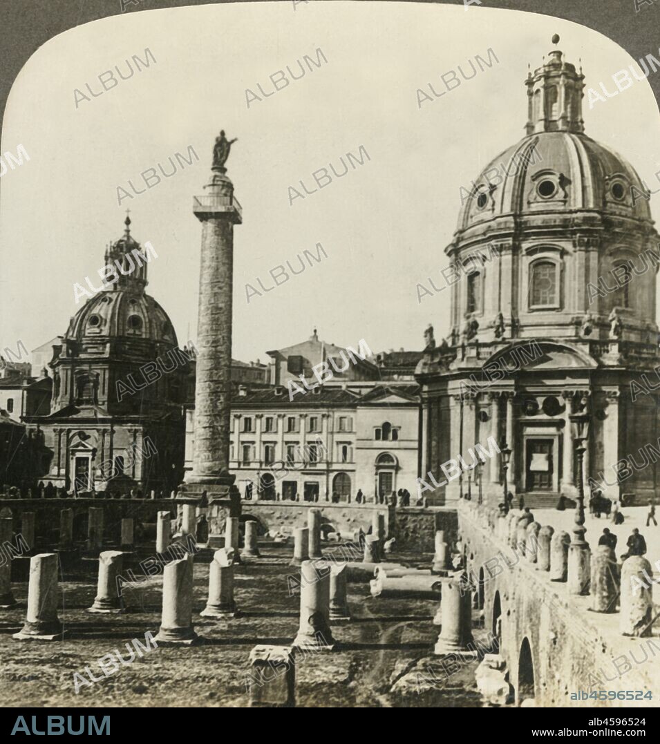 'Trajan's Forum and Column (147 feet high), (N.W.), Rome, Italy', c1909. The architect Apollodorus of Damascus oversaw construction of Trajan's Column and Trajan's Forum on the order of the emperor Trajan with the spoils of war from the conquest of Dacia, which ended in 106. To be viewed on a Sun Sculpture stereoscope made by Underwood & Underwood. [The Rose Stereograph Company, Melbourne, Sydney, Wellington & London, c1909].