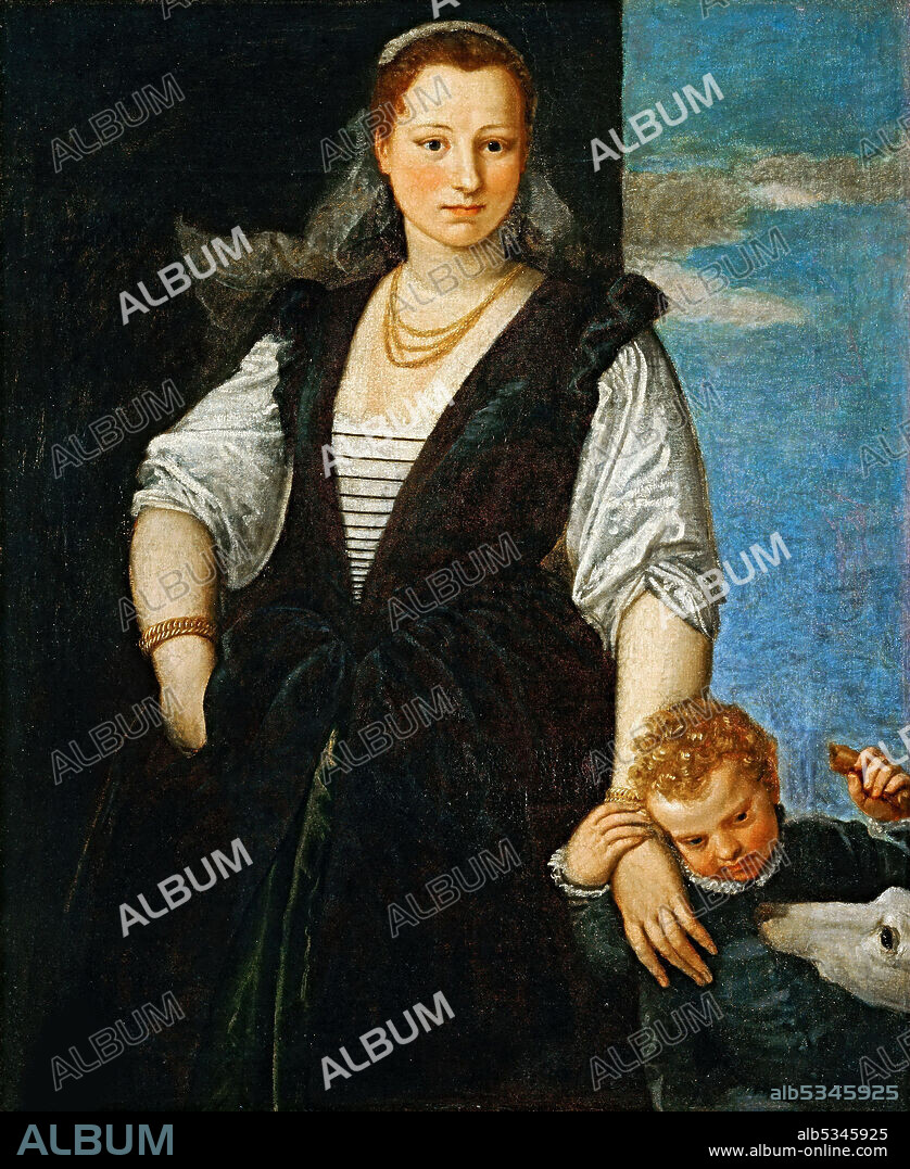 PAOLO VERONESE. Portrait of a Woman with a Child and a Dog (Isabella Guerrieri Gonzaga Canossa).