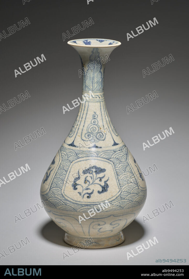 Bottle Vase (Yu-hu chun), late 15th century, 10 5/8 x 5 11/16 x 5 11/16 in. (26.99 x 14.45 x 14.45 cm), Slip-covered stoneware with underglaze cobalt blue decor, Vietnam, 15th century, The inspiration for Vietnamese blue-and-white wares was derived from China. The Vietnamese potters were more than mere copyists, however, and they developed a wide range of decorative motifs including peonies, lotuses, birds, flowers, animals, fish, and even landscapes. This elegant pear-shaped bottle is closely related to Chinese prototypes both in shape and decoration. The floral panels painted in underglaze blue are set against a wave background. Cloud whirls adorn the neck, plantain leaves appear below the rim, and lotus leaf lappets encircle the base.