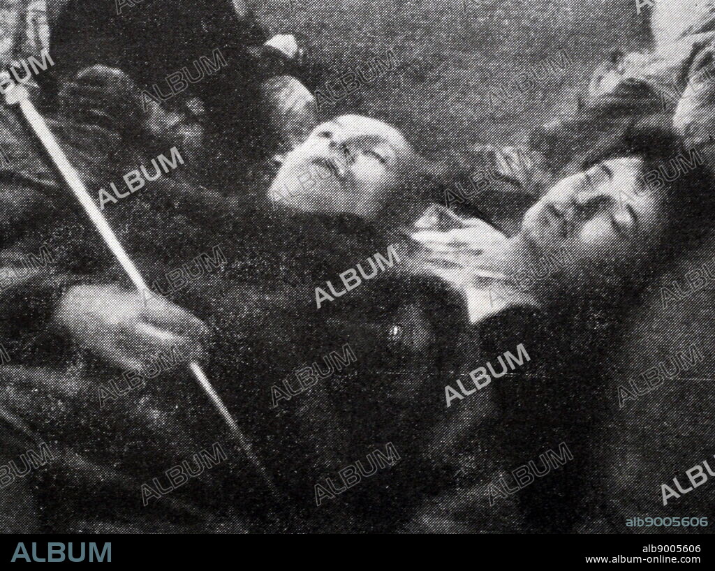 Black and white photograph of World War II (1939-1945) showing the remains of Italian dictator Benito Mussolini (1883-1945) and his mistress Clara Petacci (1912-1945) after their execution by firing squad.