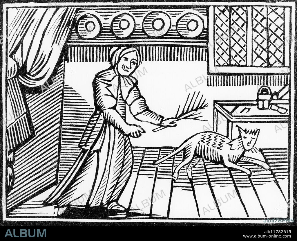 An old woman whipping her cat for catching mice on a Sunday. From an 18th century chapbook.