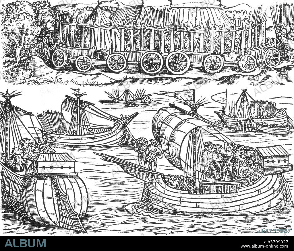 Woodcut from Historien vom Gallier und der Romer, published in Mainz in 1530 showing Julius Caesar sailing the Thames. In his Gallic Wars, Julius Caesar invaded Britain twice, in 55 and 54 BC. The second was more successful, setting up a friendly king, Mandubracius, and forcing the submission of his rival, Cassivellaunus, although no territory was conquered and held for Rome. Gaius Julius Caesar (100-44 BC) was a Roman general and statesman. He played a critical role in the gradual transformation of the Roman Republic into the Roman Empire. In military campaigns to secure Roman rule over the province of Gaul (present day France) he gained much prestige. The Roman senate, fearing his power, ordered him to disband his army, but Caesar refused, crossed the Rubicon River, returned to Rome with his army, and made himself dictator. On a subsequent campaign in Asia, he reported to the senate, "I came, I saw, I conquered." Caesar was assassinated by his friend Brutus and others on the Ides of March in 44 BC.