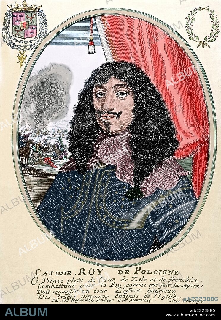 JUAN II o CASIMIRO V o JUAN CASIMIRO (1609-Nevers 1672). Rey de Polonia desde 1648 a 1668. Jesuita y cardenal. Sufrió la invasión de los tártaros y cosacos. Se enfrentó con Rusia (1654-76) y Suecia (1655-60). Abdicó y se retiró como abate en Francia. Grabado por B. Moncornet. "Historia Universal", año 1885. Coloreado.