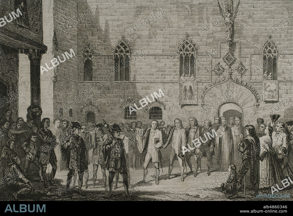 España, Cataluña. Barcelona. La bandera o pendón de Santa Eulalia, antigua patrona de la ciudad. Ilustración por T. Padró. Grabado por A. Roca. Historia de Cataluña y de la Corona de Aragón, por Victor Balaguer. Barcelona,1863.