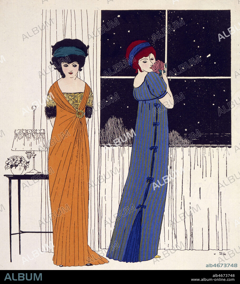 Deux femmes portent des robes de Paul POIRET (1879-1944). Dessin de Paul IRIBE (1883-1935) vers 1910. Credit : Collection KHARBINE-TAPABOR.