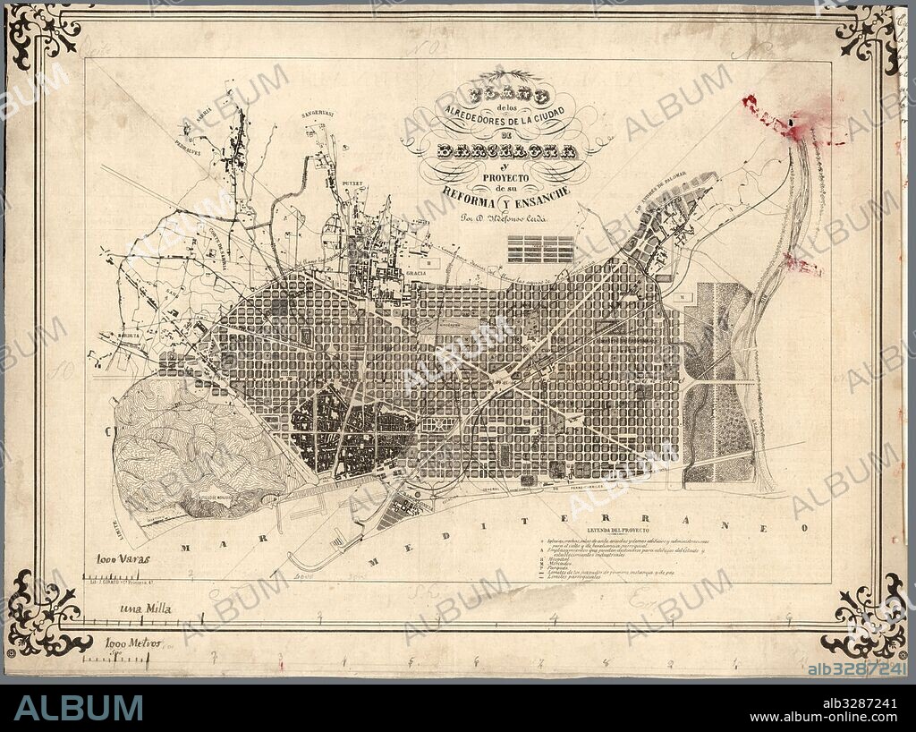 España. Catalunya. Plano de los alrededores de la ciudad de Barcelona y Proyecto de su reforma y ensanche por Ildefonso Cerdà. Año 1860.