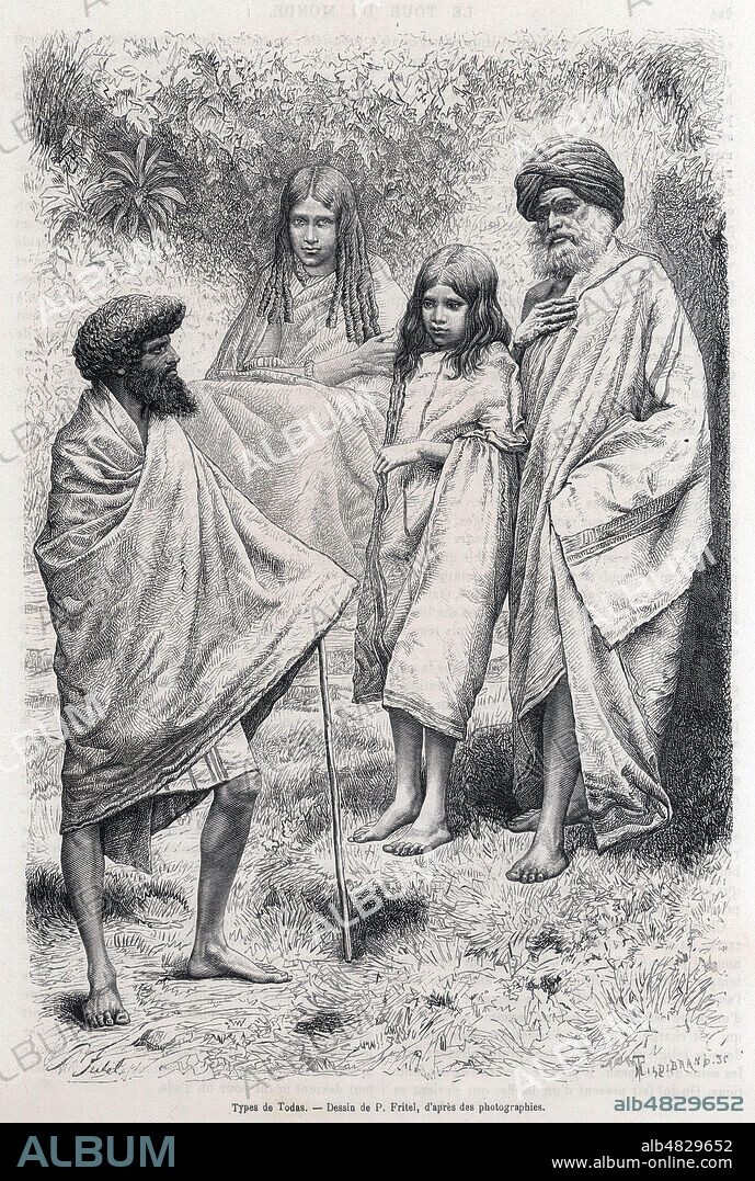 Type de Todas. Illustration de Pierre FRITEL (1853-1942) pour Souvenirs d'un voyage aux Nilgherries par Madame Henriette JANSSEN (1826-1915) (femme de l'astronome Jules JANSSEN) repris dans Le Tour du Monde de 1882. Credit : Collection KHARBINE-TAPABOR.