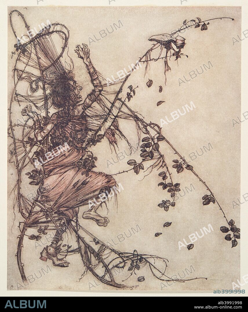 The quicker he played, the higher she had to jump. Sweetheart Roland from The Fairy Tales of the Brothers Grimm, pub. 1909 (colour lithograph).