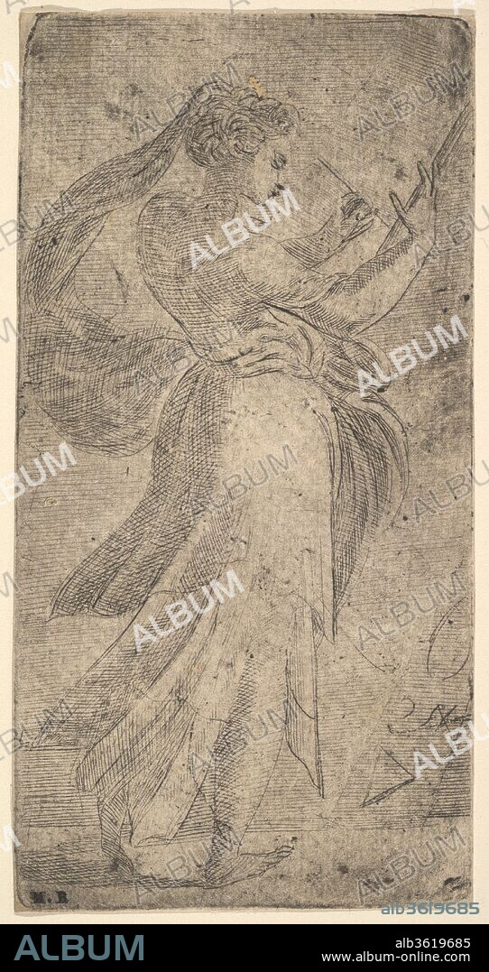 A woman standing in profile writing on a tablet. Artist: Andrea Schiavone (Andrea Meldola) (Italian, Zadar (Zara) ca. 1510?-1563 Venice). Dimensions: sheet: 6 1/2 x 3 3/8 in. (16.5 x 8.5 cm). Date: ca. 1538-40.