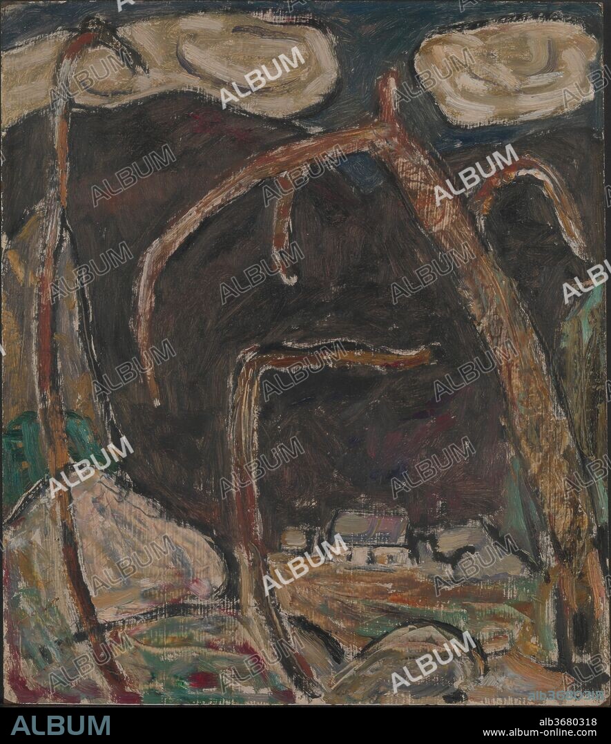 The Dark Mountain, No. 1. Artist: Marsden Hartley (American, Lewiston, Maine 1877-1943 Ellsworth, Maine). Dimensions: 14 x 12 1/8 in. (35.6 x 30.8 cm). Date: 1909.
Soon after his May 1909 exhibition at "291," Hartley saw Albert Pinkham Ryder's painting Moonlight Marine (1870-90; The Metropolitan Museum of Art), a classic example of American romanticism. It sparked a new series of emotionally and tonally dark landscapes of Maine, including the two on view here. The Dark Mountain, Number 2, with its cloud-filled sky and blackened palette, pays direct homage to Ryder's picture. In March 1910 a number of Hartley's "dark landscapes" were included in the "291" group show "Younger American Painters," which placed him in the company of Arthur Dove, John Marin, and Max Weber, among others.