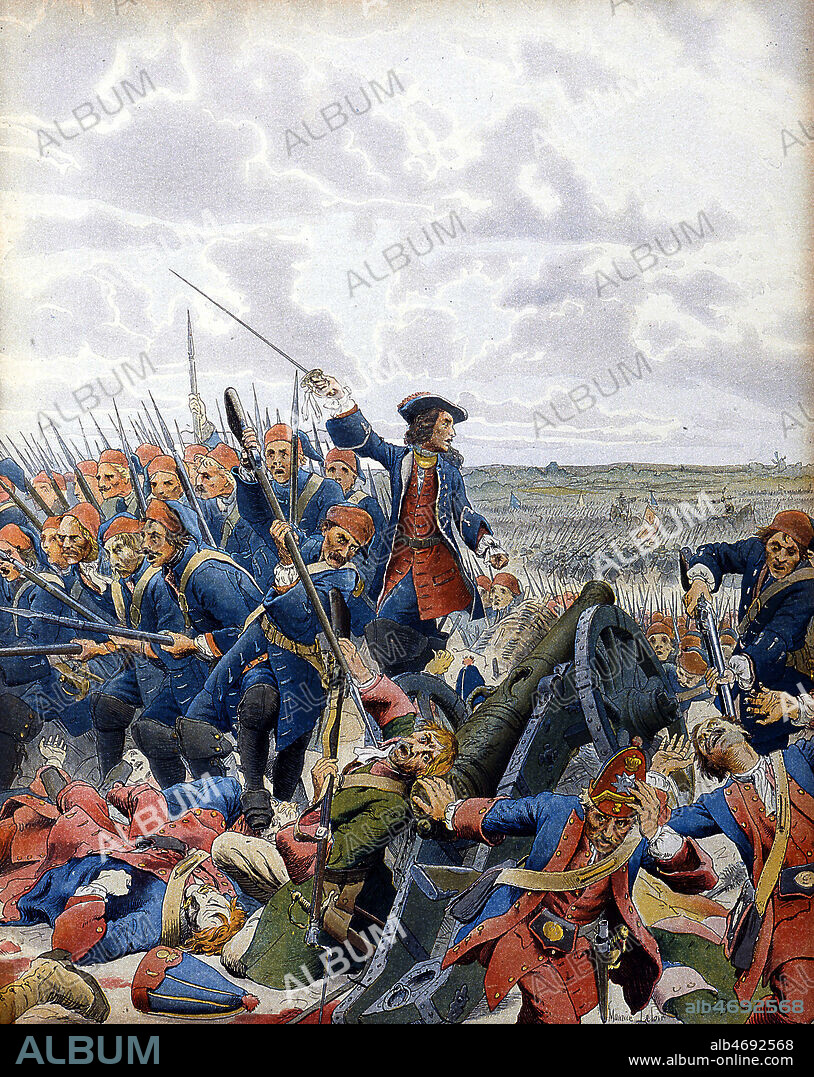 Bataille de Denain le 24 juillet 1712, les dragons enlevent une redoute a la baionnette. Illustration de Maurice LELOIR (1851-1940) pour Le Roy Soleil de Gustave TOUDOUZE (1847-1904). Credit : Collection KHARBINE-TAPABOR.