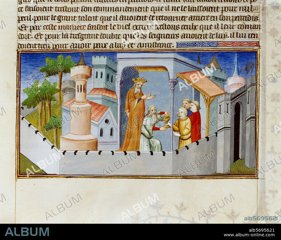 MAITRE DE BOUCICAUT. Polo, Marco ; voyageur italien en Asie ; 1254-1324. Oeuvre : Le Livre des Merveilles du Monde, 1298-99. Alaodin, le Veux de la Montagne, choisit trois Assassin et leur fait boire un breuvage. Enluminure, Paris, atelier du Maître de Boucicaut, v. 1412. Ms. fr. 2810, fol. 17 r. Paris, Bibliothèque Nationale.