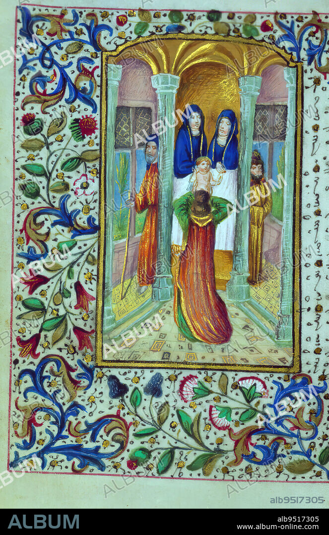 Book of Hours, Presentation in the temple, This Book of Hours was created ca.1460-70 in the Bruges region by artists influenced by the famous illuminator Willem Vrelant. Its fifteen surviving miniatures have been heavily repainted, as have many of the borders, and Lillian Randall has suggested this campaign of refurbishment was likely requested by a later owner who may be depicted in the fully redone Last Judgment image. The limited number of figures, simplification of drapery folds, and avoidance of painting hands where possible show the streamlining used by workshops in this period, which were generating large numbers of similar books.