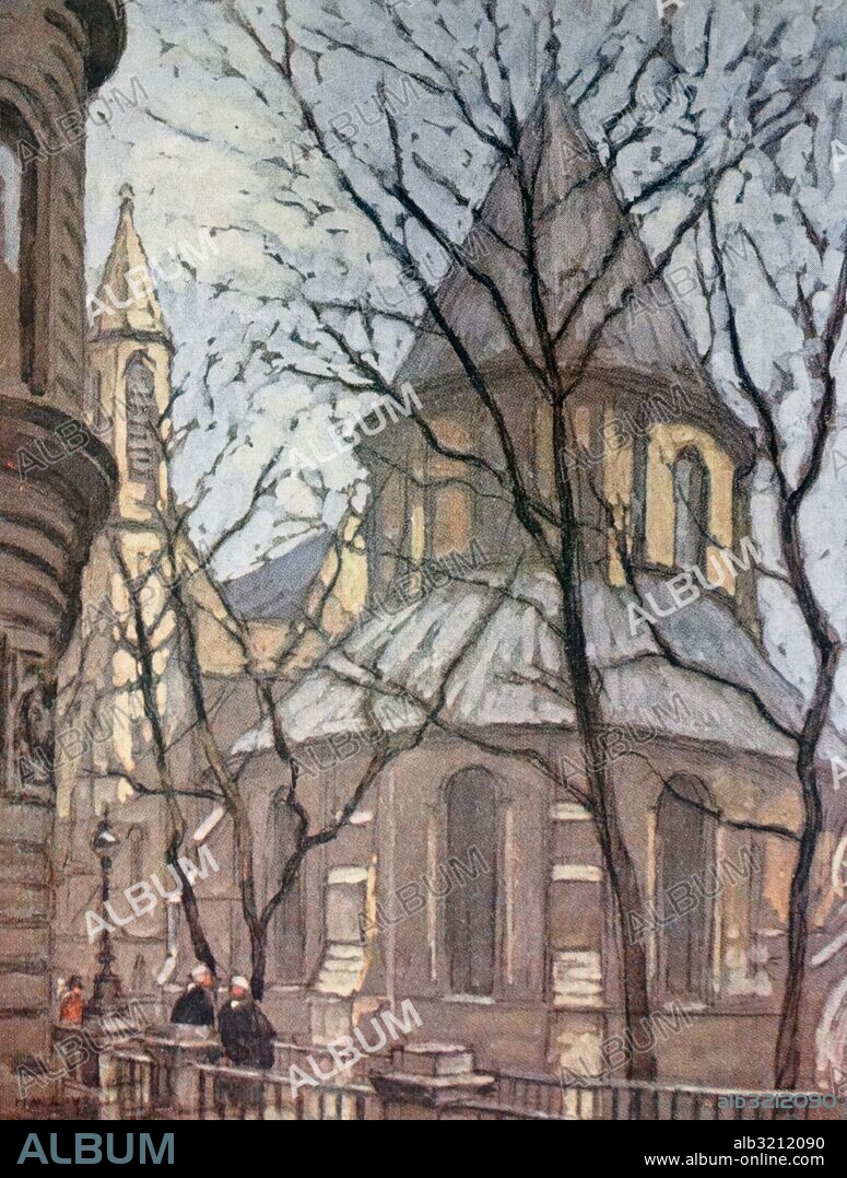 Colour sketch of The Temple Church , built by the Knights Templar as their English headquarters. Dated 20th Century.