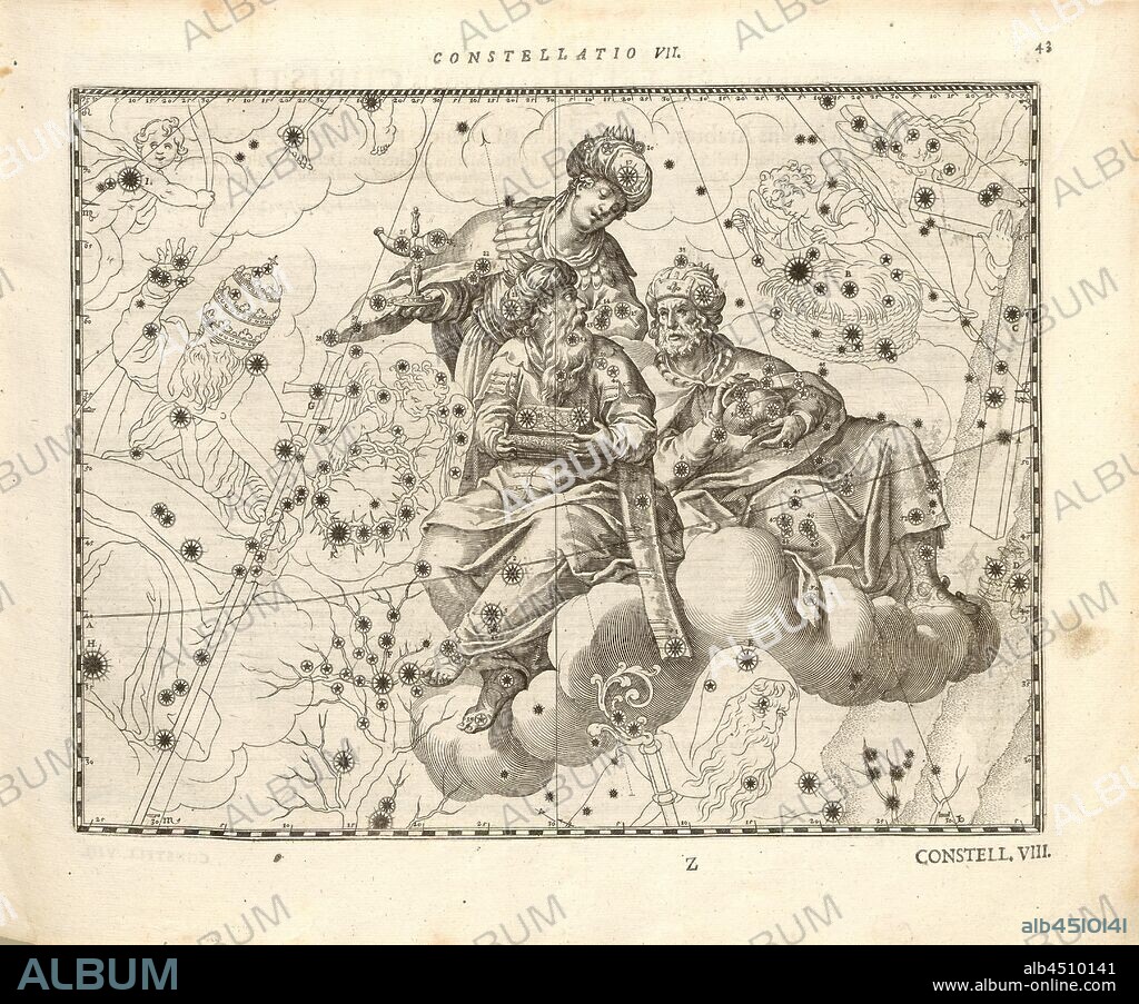 Hercules, Constellation Hercules, Constellatio VII, p. 43, Bayer, Johann; Kager, Johann Matthias; Kilian, Lucas; Schecks, Kaspar, 1627, Julius Schiller: Coelum stellatum christianum (...). Augustae Vindelicorum [Augsburg]: praelo Andreae Apergeri, 1627.