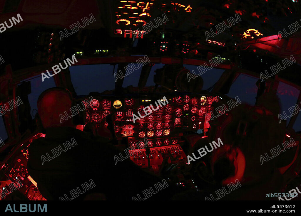 Cockpit of an IL-78 military tanker of the Russian Air Force during a night flight.