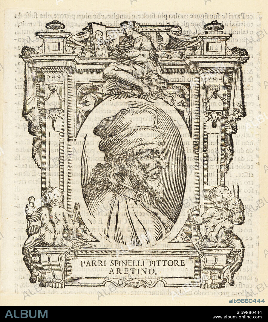 Portrait of Parri Spinelli, Italian painter of the early renaissance who was born in Arezzo, c.1387-1453. Parri Spinelli Pittore Aretino. Woodcut from Giorgio Vasaris Le vite de piu eccellenti pittori, scultori, et architettori, The Lives of the Most Excellent Painters, Sculptors and Architects, Florence, 1678.