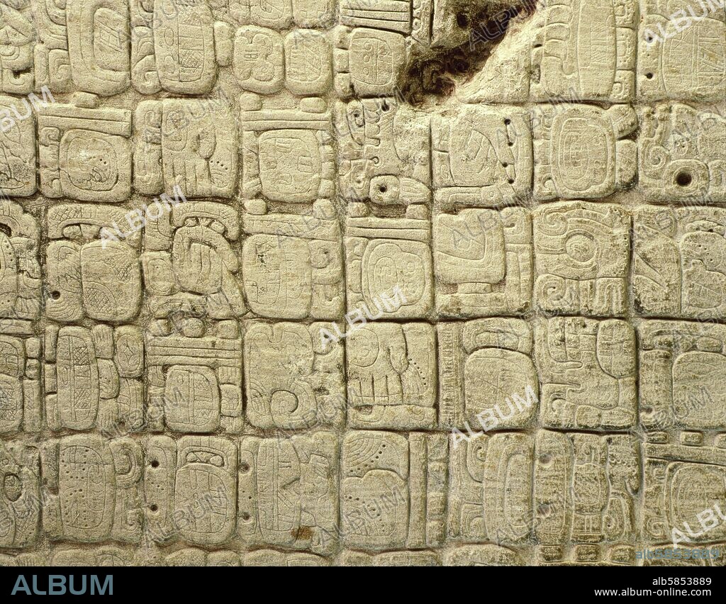 Stone carving with Maya script inscriptions from Tikal. 
The Maya script, commonly known as Maya hieroglyphs, was the writing system of the Pre-Columbian Maya civilization of Mesoamerica. Maya classic era. Tikal, Guatemala; 5th century BCE.