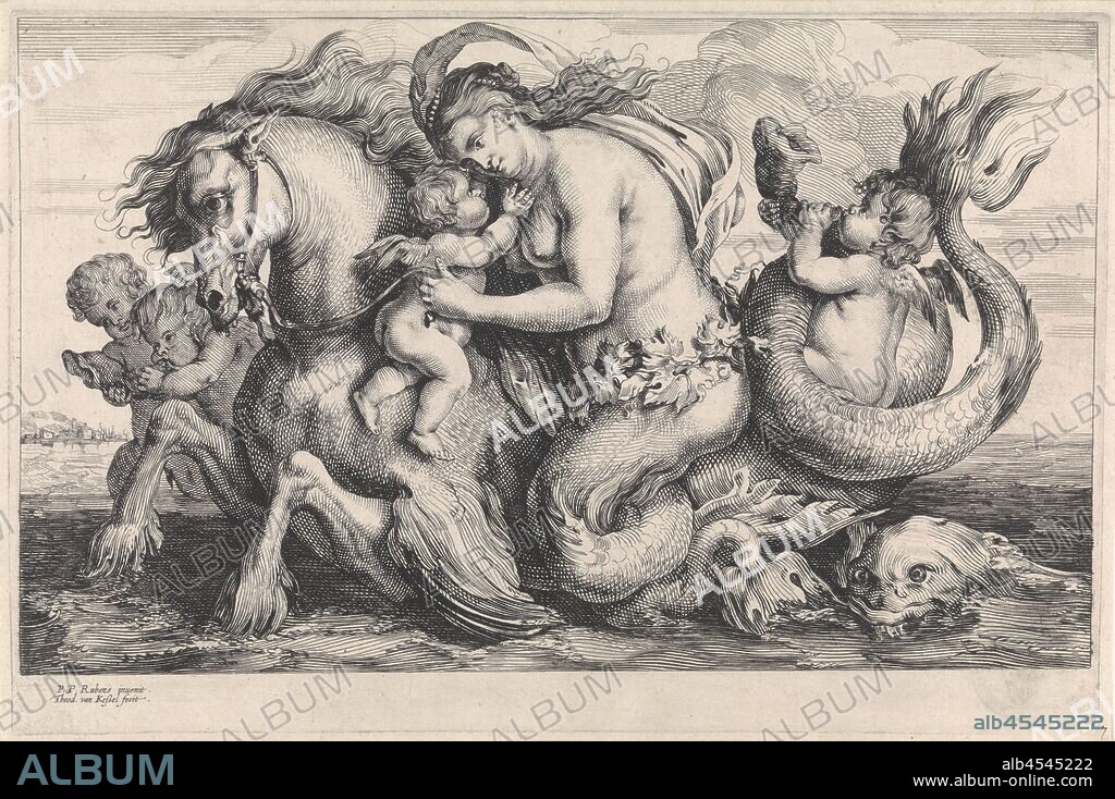 Triumph of Galatea Mythological figures (series title), The triumph of the sea goddess Galatea. The naked Galatea is carried through the water by a sea horse, while she is accompanied by four putti, two of them blowing on a shell. This print is part of a four-part series about mythological figures, triumph or Galatea, cupids: 'amores', 'amoretti', 'putti' (triumph), sea-horse, hippocamp, 'hippocampus', (horse / fish) ( mythological hybrid monster), Theodorus van Kessel (mentioned on object), 1630 - 1660, paper, etching, h 205 mm × w 314 mm.