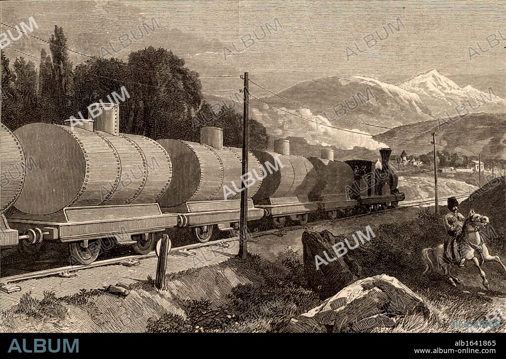 A train of tankers carrying oil from the Nobel Brothers oil wells at Baku (Baky or Baki), Azerbaijan, for distribution in Russia. Engraving from "The Illustrated London News" (London, 10 July 1886).  (Photo by: Universal History Archive/UIG via Getty Images).