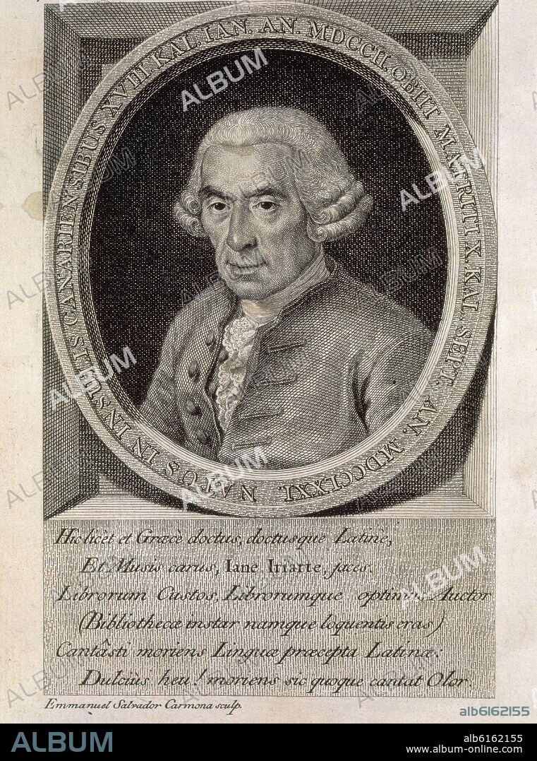 MANUEL SALVADOR CARMONA (1734/1820). JUAN IRIARTE (1702-1771) BIBLIOTECARIO DEL REY - PAGINA DEL LIBRO GRAMÁTICA LATINA - GRABADO SIGLO XVIII.