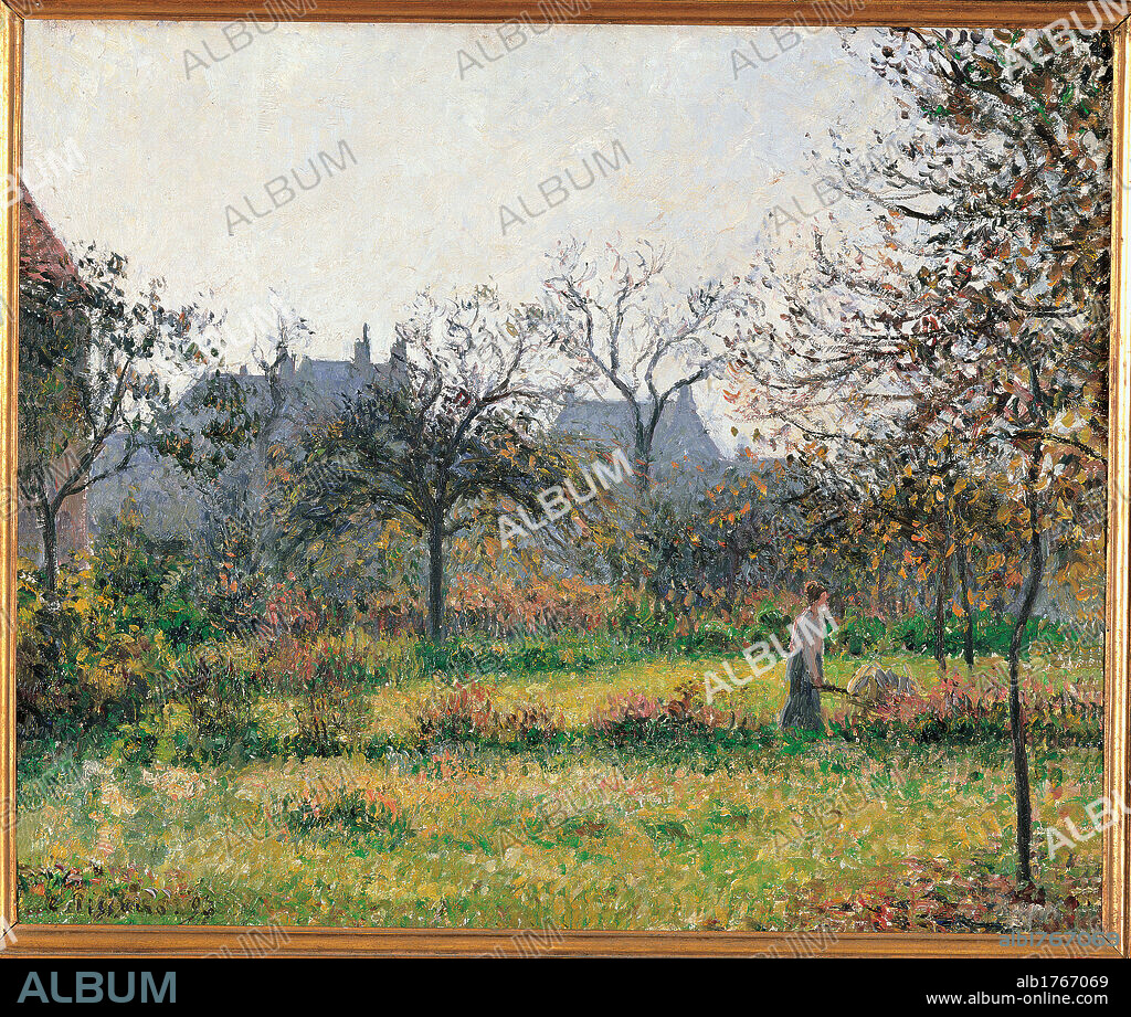 Woman in an Orchard, Autumn Morning, Garden at Eragny, by Camille Pissarro, 1897 about, 19th Century, oil on canvas, cm 54,5 x 65. France, Ile de France, Paris, Muse dOrsay, RF1937-46. All. Woman in an orchard morning autumn garden at Eragny landscape trees shadows silhouettes lawn green houses.