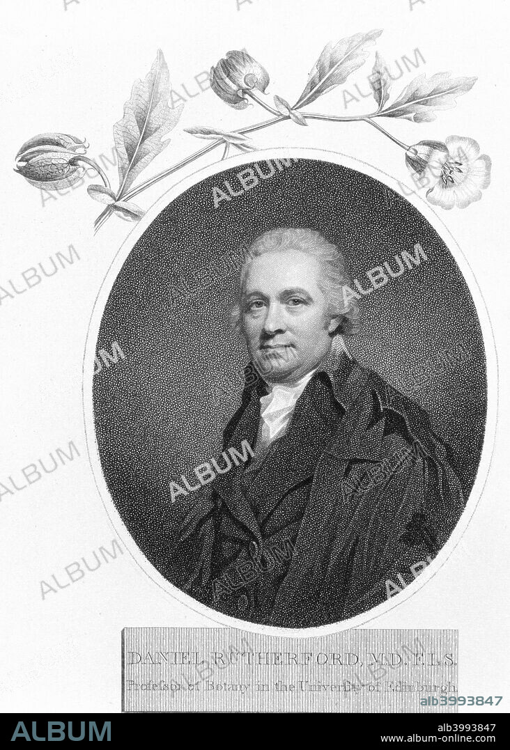 Daniel Rutherford, late 18th century. Rutherford, Scottish physicist and botanist, became professor of botany at Edinburgh University in 1786. His portrait is framed at the top by flowers. He discovered the distinction between 'noxious air' (nitrogen) and carbon dioxide, the details of which he published in 1772.
