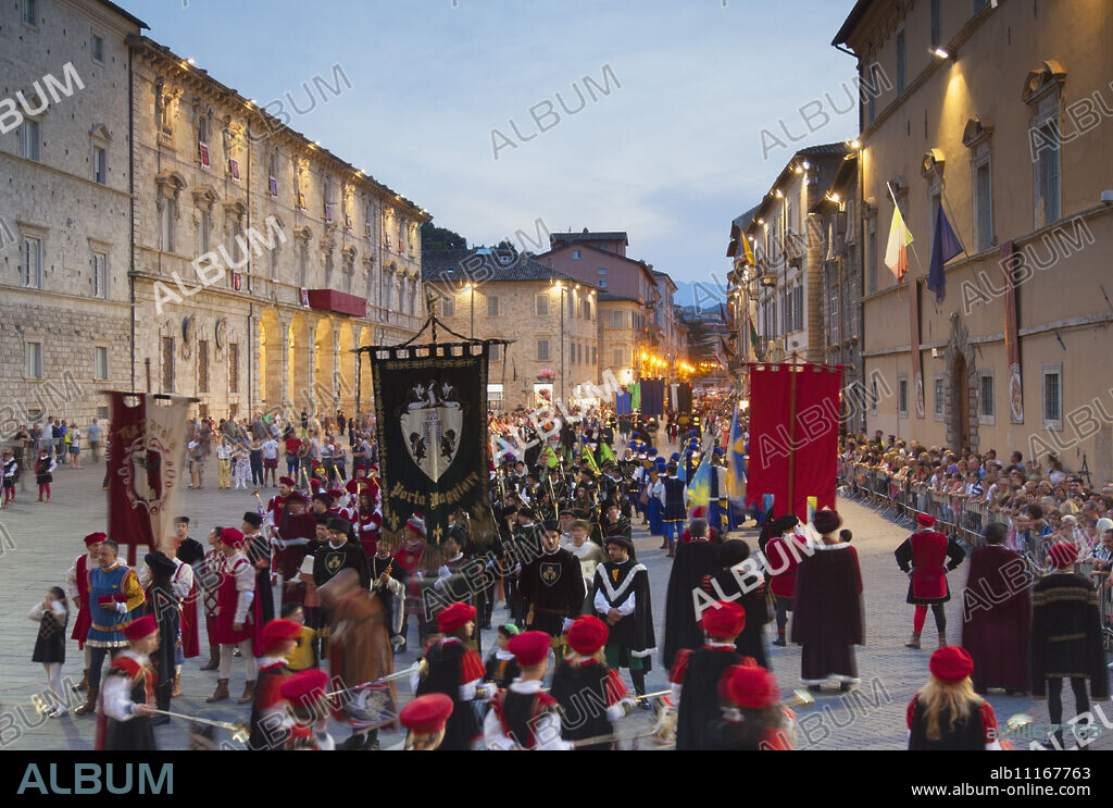 Procession of medieval festival of La Quintana in Piazza Arringo, Ascoli Piceno, Le Marche, Italy, Europe.