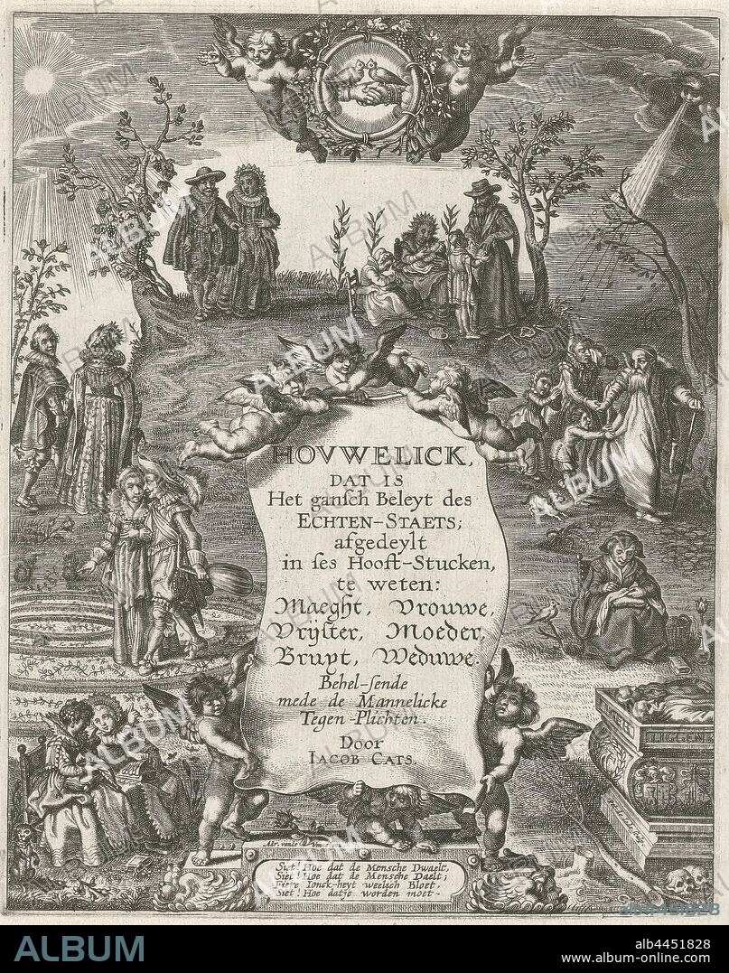 Trap des Levens Title page for: J.Cats, Houwelyck, 1625-1635 Hovwelick (title on object), Title page with eight different phases of life: from childhood (bottom left), through adulthood, by age to death (bottom right). On the left, the 'young' side, the trees are in bloom and the sun is shining. On the right, the 'old' side, bare trees and threatening clouds. In the middle above a medallion, held by two putti. In the medallion two pigeons looking at each other and two intertwined hands, as a symbol of unity. In the middle a sheet of paper with the title, held up by six putti. In the middle of a cartouche with a four-line poem in Dutch, human life divided into stages, e.g. three, four, seven, twelve stages (8), frontispiece, Pieter de Jode (I) (mentioned on object), Netherlands, 1625, paper, etching, h 191 mm × w 151 mm.