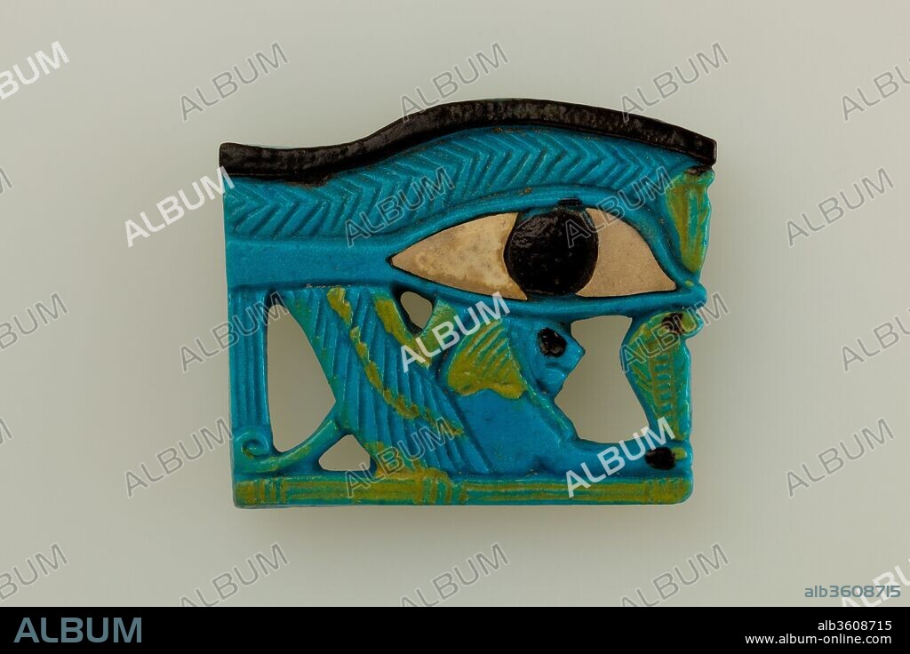 Wedjat Eye Amulet. Dimensions: L. 6.5 cm (2 9/16 in.). Date: ca. 1070-664 B.C..
Wedjat eye amulets were among the most poular amulets of ancient Egypt. The wedjat eye represents the healed eye of the god Horus and embodies healing power as well as regeneration and protection in general. This eye here is an intriguing combination of the regular wedjat eye with a wing, two uraei, and a lion. This combination alludes to various ancient Egyptian stories that involve the eye of the sungod Re.