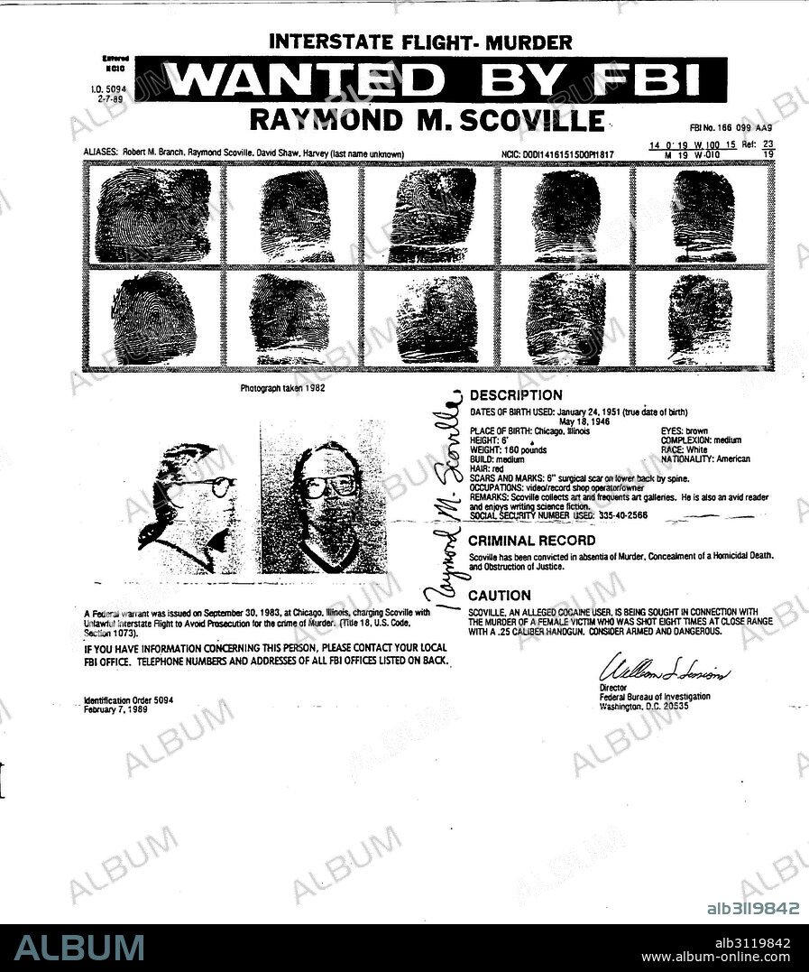 FBI Most Wanted poster for Raymond M. Scoville. Scoville was arrested for the murder of his lover and business partner Colleen Rachich. He shot her eight times in 1982 but vanished after his arrest and has yet to be found. He was convicted of her murder in his absence and sentenced to 40 years.