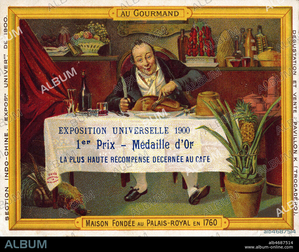 Carte publicitaire pour le cafe Corcellet, medaille d'or a l'Exposition Universelle de 1900. Illustration anonyme representant un homme gourmand mangeant son repas. Credit : Collection IM/KHARBINE-TAPABOR.