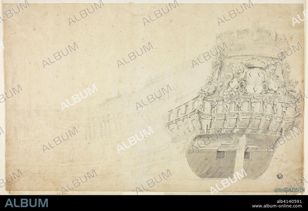WILLEM VAN DE VELDE I. Partial Sketch of a Dutch Vessel Seen from Port Quarter. Attributed to Willem van de Velde, I (Dutch, c. 1611-1693); or possibly Willem van de Velde, II (Dutch, 1633-1707). Date: 1621-1707. Dimensions: 322 x 512 mm. Graphite with brush and gray wash on buff laid paper, tipped onto ivory laid paper. Origin: Holland.