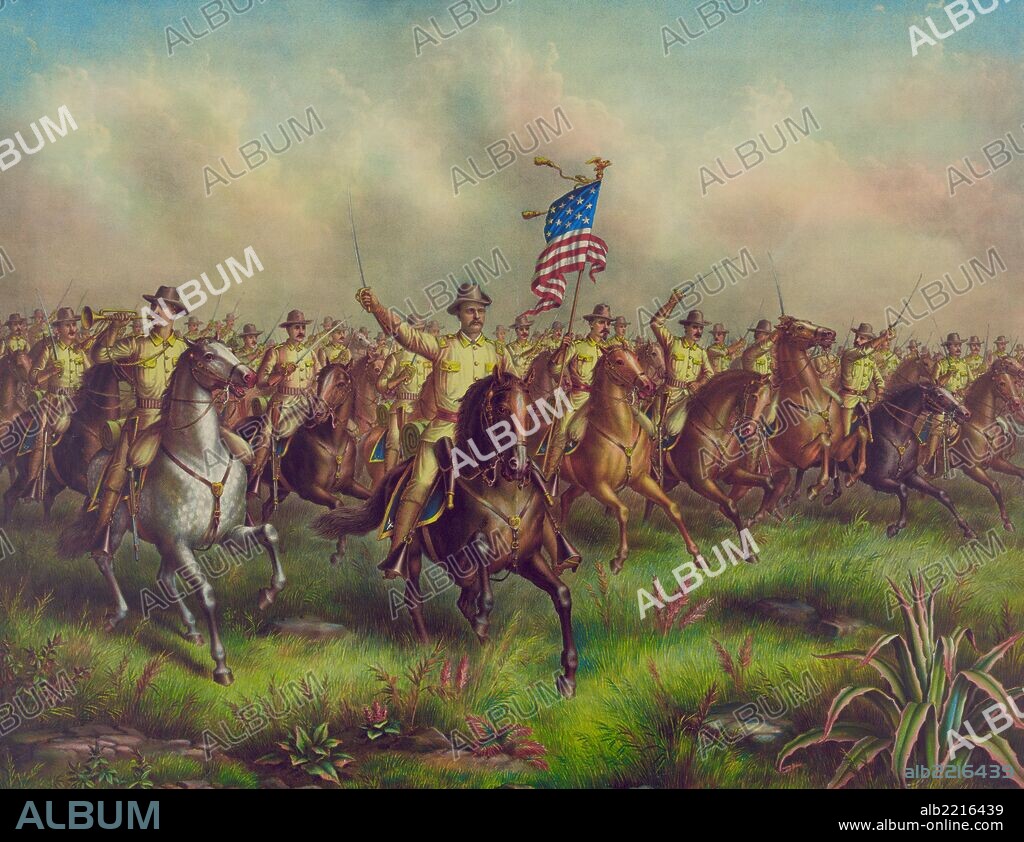 Rough-Riders, Col. Theodore Roosevelt, U.S.Volunteers Commander leading the charge.