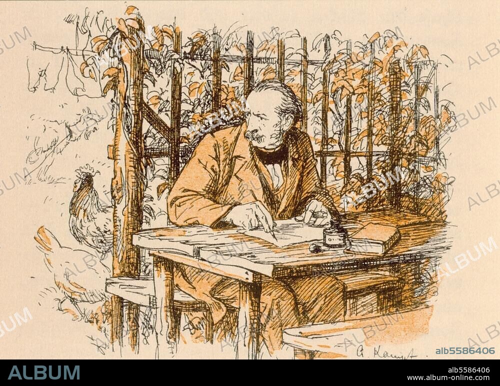 Fontane, Theodor; écrivain allemand . 1819-1898. "Fontane écrit dans sa maison". (Séjour à la campagne). D'ap. un dessin d'Arthur Kampf (1864-1950). Tiré de: Velhagen & Klasings Almanach, Berlin, Bielefeld, Leipzig, Vienne 1928.
