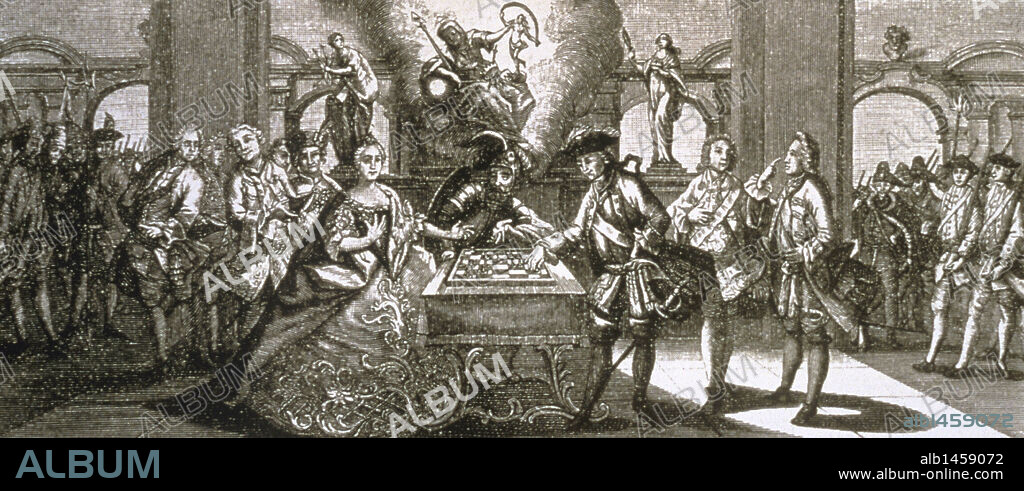 "GUERRA DE LOS SIETE AÑOS". Conflicto bélico que enfrentó a las principales potencias europeas (1756-1763), provocada por la rivalidad francobritánica en el ámbito colonial y por la austroprusiana en Europa. ALEGORIA DEL COMIENZO DE LA GUERRA DE LOS SIETE AÑOS: MARIA TERESA Y FEDERICO II JUGANDO AL AJEDREZ. EN EL CENTRO, MARTE, DIOS DE LA GUERRA. Grabado en cobre de la época.