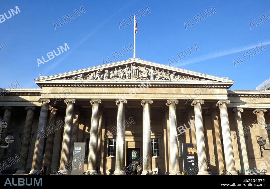 British Museum quadrangle building, designed by the architect Sir Robert Smirke in 1823, completed in 1827. The building's fronting is Portland stone. The detail shows figures of education and learning. (Photo by: Universal History Archive/UIG via Getty Images).