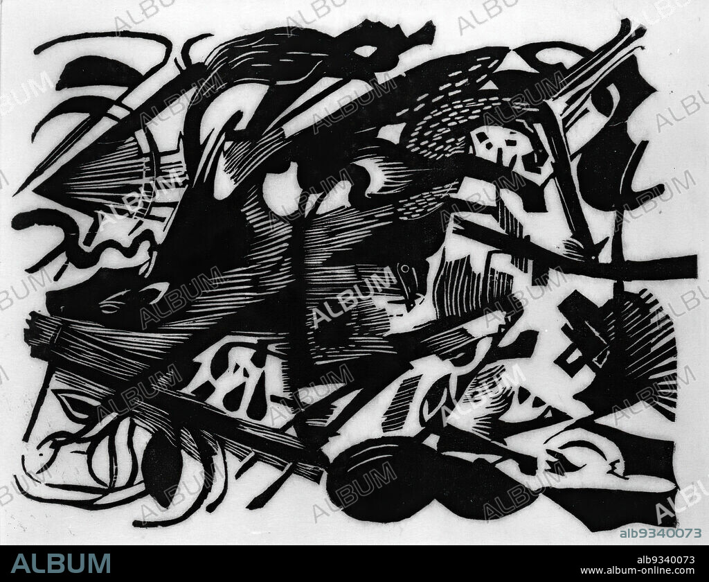 Birth of the Wolf, Geburt der Wölfe, Franz Marc, German, 1880-1916, Woodcut on very thin Japan paper, Germany, 1913, Image: 10 x 7 1/2 in., 25.4 x 19.1 cm, expressionist, german, IMLS, marc, ndd2, wolf.