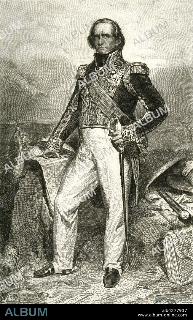 JOHANNES DE MARE. Nicolas Jean de Dieu Soult, 1804, (1839). 'Soult (Jean de Dieu) duc de Dalmatie, Maréchal de France'. Portrait of Nicolas Jean de Dieu Soult (1769-1851),1st Duke of Dalmatia. Soult, the Hand of Iron, was a French general and statesman, named Marshal of France in 1804. He was one of only six officers in French history to be promoted to the rank of Marshal General of France. He also served as Prime Minister of France three times. From "Galerie Des Maréchaux De France. Dédiée à l'Armée de Terre et de Mer" (Gallery of the Marshals of France. Dedicated to the Army of Land and Sea), by Charles Gavard. [De Fain, Paris, 1839].