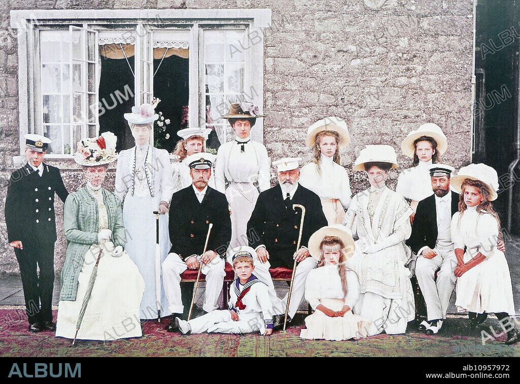 Royal family of Russia and Britain gather at Osborne, Isle of Wight, England, 1909. From left to right: Prince Edward (later King Edward VIII), Queen Alexandra, Princess Mary of Wales (later Queen Mary), Princess Mary, The Tsar Nicholas II, Princess Victoria, TheTsarevich Alexis, King Edward VII, Grand Duchess Olga, Grand Duchess Anastasia, Tsarina Alexandra, Grand Duchess Tatiana, Prince George of Wales (later King George V), Grand Duchess Marie.
