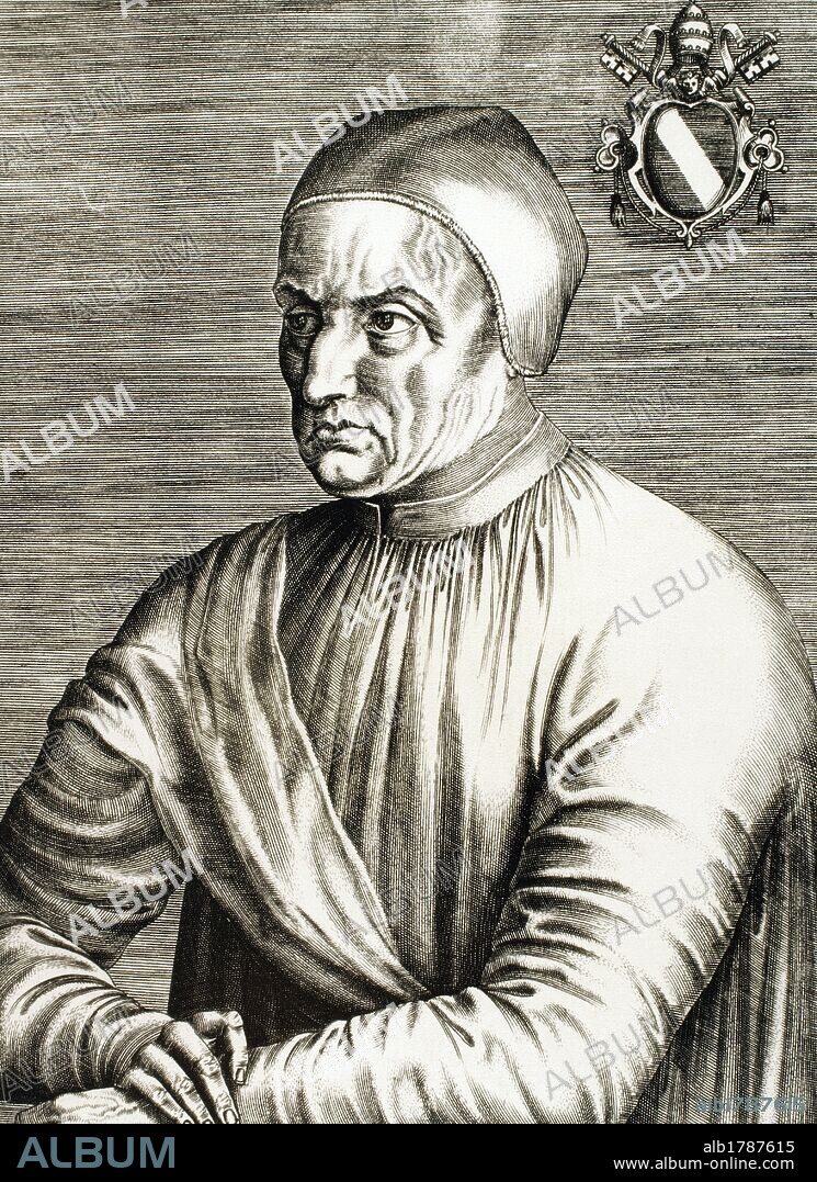 EUGENIO IV (Venecia, 1383-Roma, 1447). Papa italiano, elegido en el año 1431, de nombre Gabriel Condulmer. Su pontificado quedó determinado por el Concilio de Basilea. Convocó de nuevo el Concilio en Ferrara (1438) y lo trasladó posteriormente a Florencia (1439). Firmó la bula "Laetentur Coeli" (1439). Grabado.