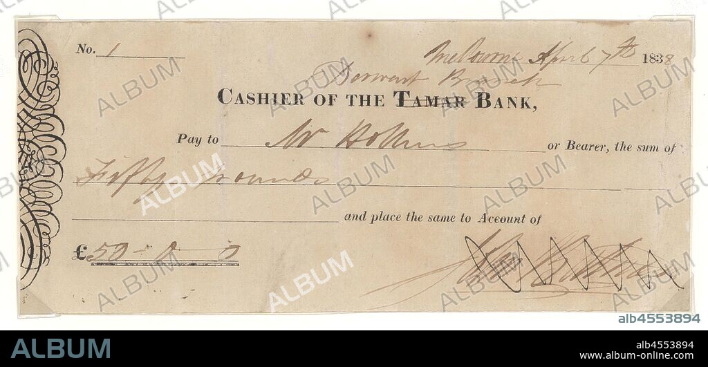 Cheque - John Batman, Tamar Bank, Derwent Branch, Victoria, Australia, 7 Apr 1838, Cheque for fifty pounds issued to Mr Hollins or bearer, 7 April 1838. Signed by John Batman.