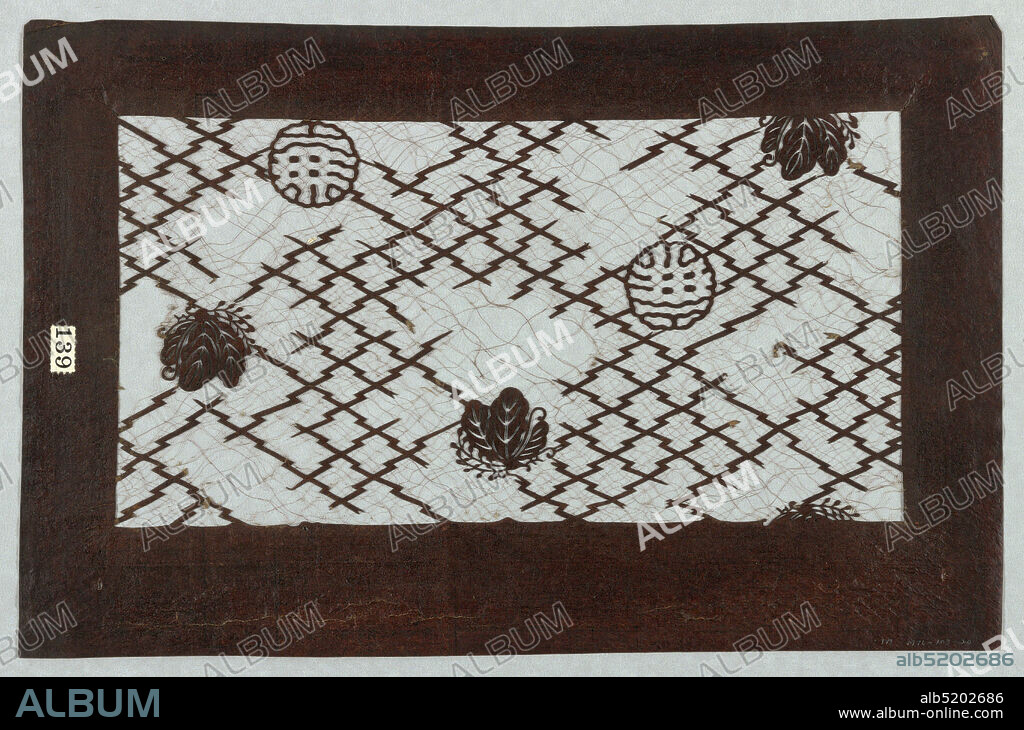 Tamari and Ivy onPpine-bark Lozenges, Mulberry paper (kozo washi) treated with fermented persimmon tannin (kakishibu), and silk threads (itoire), Handballs (temari) are an old craft used in handball games. They are highly valued gifts, symbolizing friendship, and loyalty. Stylized ivy, shown in a circular motif, is placed on pine-bark lozenges. Silk threads have been added to support the stencil structure. The overall condition of the stencil is in tattered shape. There are many holes within the stencil., Japan, mid 18th - early 19th century, textile designs, Katagami, Katagami.