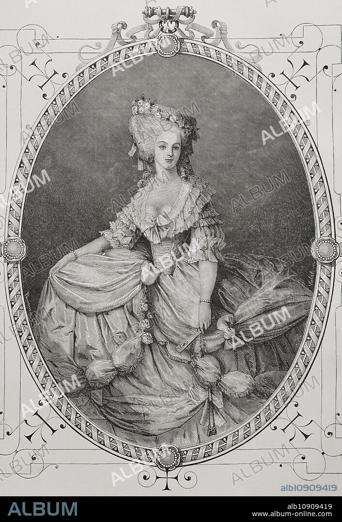 María Teresa Luisa de Saboya-Carignano (1749-1792). Princesa de Lamballe. Aristócrata francesa. Amiga personal y confidente de la reina María Antonieta. Fue asesinada en septiembre de 1792 durante las masacres de septiembre. Retrato. Grabado. "Historia de la Revolución Francesa". Tomo I, 1876.