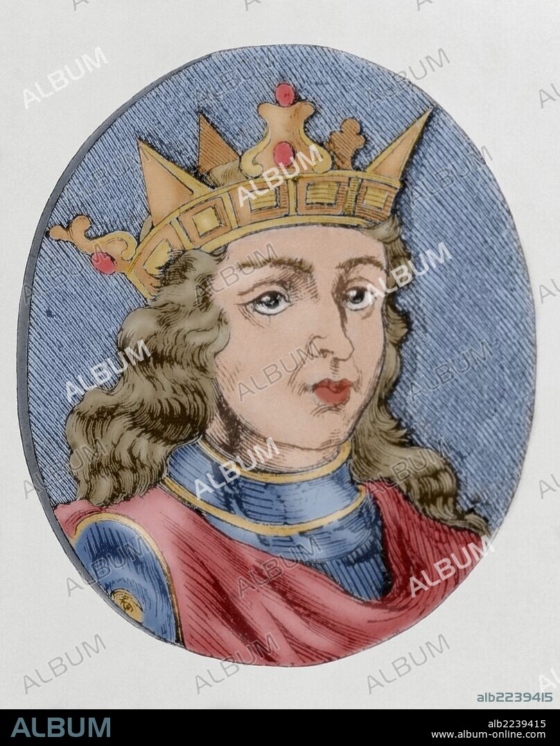 BERMUDO III (1027-1037). Rey de Castilla y León. Hijo de Alfonso V. Se casó con Doña Urraca. Envuelto en diversas guerras con el rey Don Sancho el Mayor de Navarra y su hijo Don Fernando. Grabado coloreado.