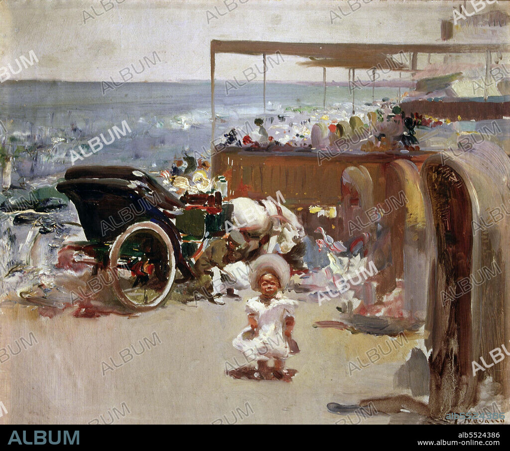 NAVARRO LLORENS , JOSE. PINTOR ESPAÑOL. VALENCIA 1867 - 1923. " COCHE DE CABALLOS Y NIÑO EN LA PLAYA ". OLEO SOBRE LIENZO , AÑOS 1908-1912. COLECCION CENTRAL HISPANO.