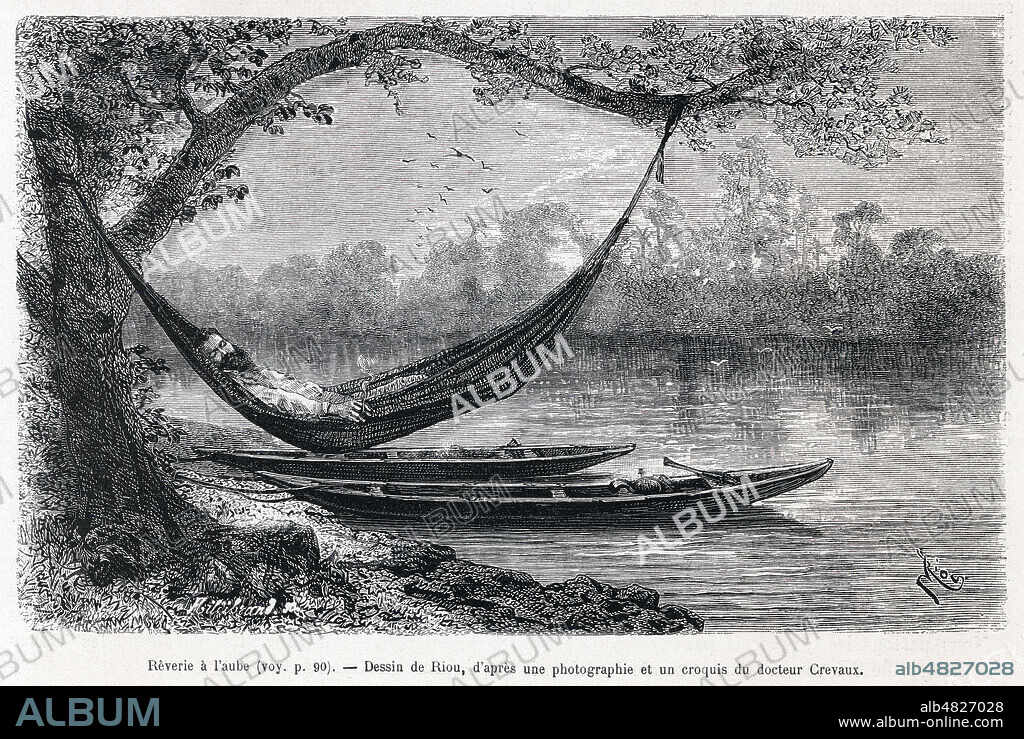 Reverie a l'aube (Jules CREVAUX dans un hamac). Illustration d'Edouard RIOU (1833-1900) pour Voyage d'exploration dans l'interieur des Guyanes par Jules CREVAUX (1847-1882) repris dans Le Tour du Monde de 1880. Credit : Collection KHARBINE-TAPABOR.