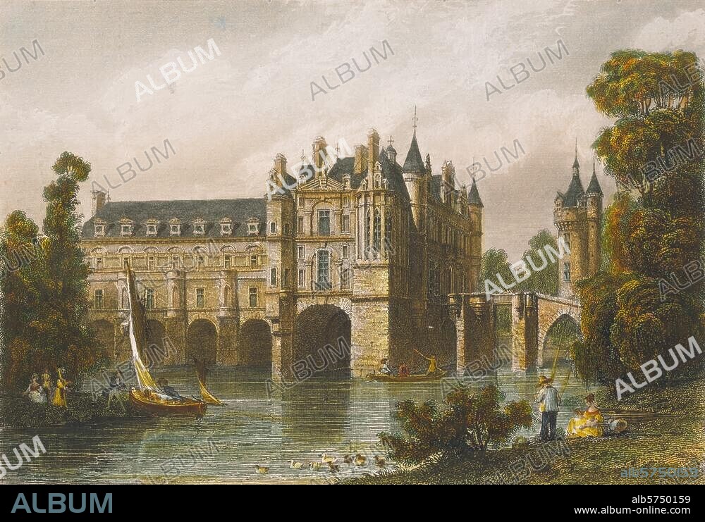 Chenonceaux (Indre-et-Loire), Château. (construit en 1515-24 par Pierre Nepveu, né Trinqueau; aile, 1555, de Philibet Delorme fut destinée à Diane de Poitiers). "CHATEAU DE CHENONCEAUX". Gravure sur acier, coloriée, d'Émile Rouargue (v. 1795-1865) d'ap. un dessin d'Adolphe Rouargue (né en 1810). Paris, coll. particulière.