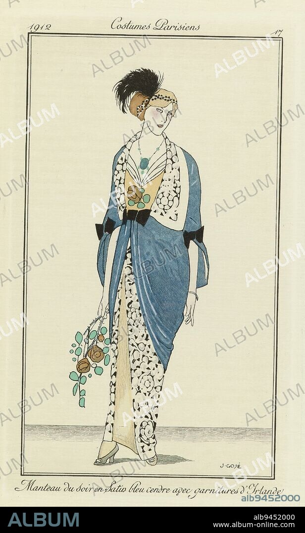 Journal des Dames et des Modes, 1912, Costumes Parisiens, no. 17: Manteau du soir en Satin bleu (...), after design by: Francisco Javier Gosé, (mentioned on object), Paris, 1912, paper, engraving, height 180 mm × width 110 mm.