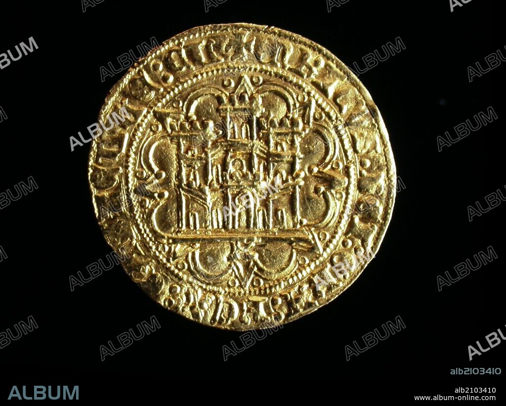 NUMISMATICA. MONEDA MEDIEVAL CRISTIANA. CASTELLANO DE ORO, DE ENRIQUE IV. ANVERSO. LAS ARMAS DE CASTILLA. (DEPOSITO: MUSEO ARQUEOLOGICO NACIONAL).